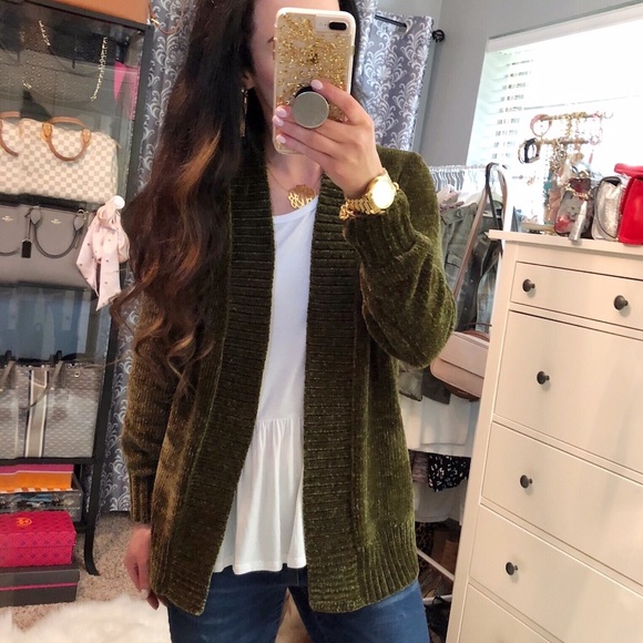 LOFT Chenille Long Cardigan Sweater - Olive Green - Picture 1 of 5